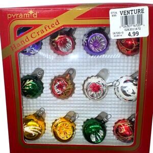 12 Rauch Pyramid Glass Ornament Ball 1.25" Shooting Star Indent Gold Green Red